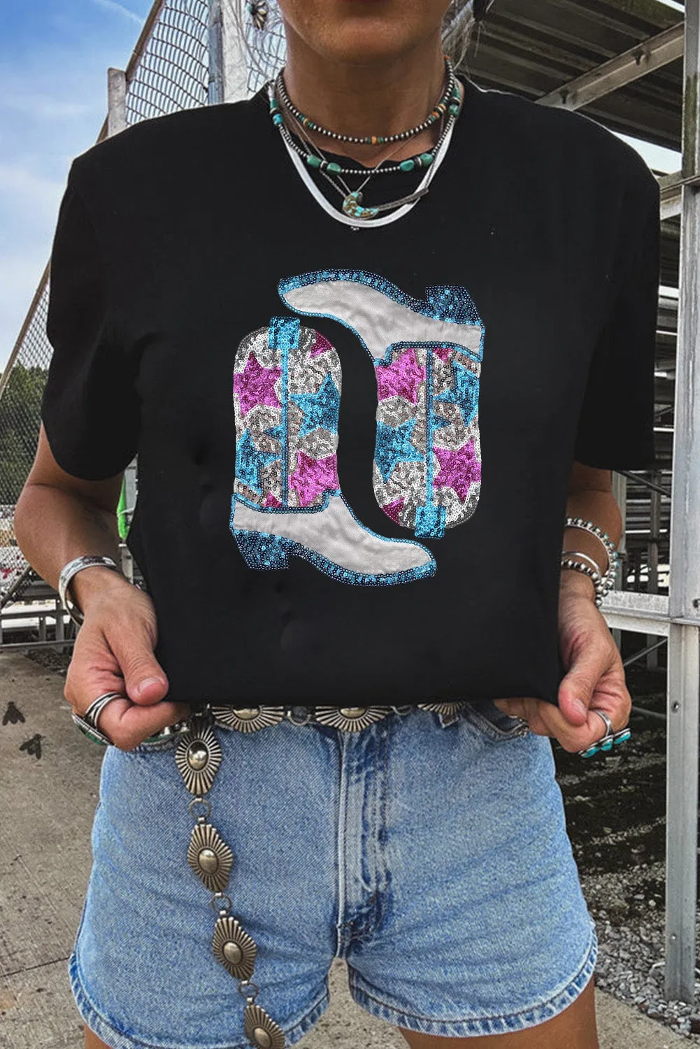 Black Sequin Western Boots Stars Round Neck T Shirt